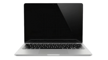 Silver laptop computer open with black screen