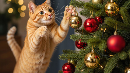 A mischievous ginger cat jumping on a Christmas tree decorated with red and gold baubles