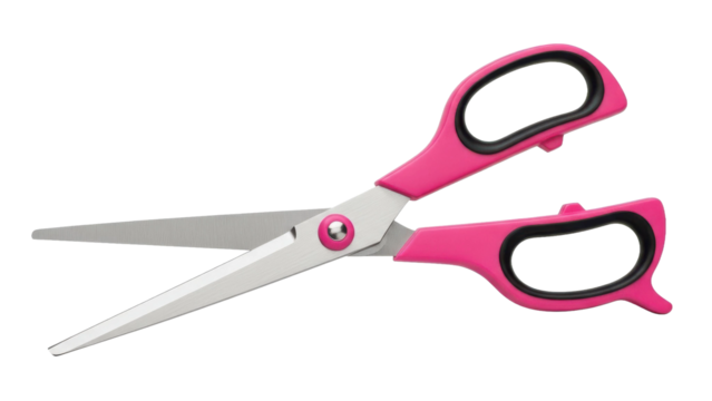 Pink office scissors with black grip on black