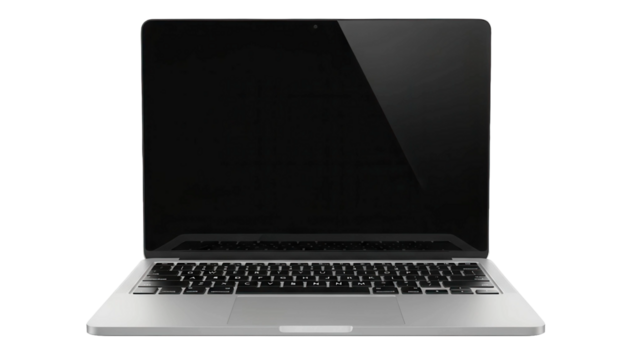 Silver laptop computer open with black screen