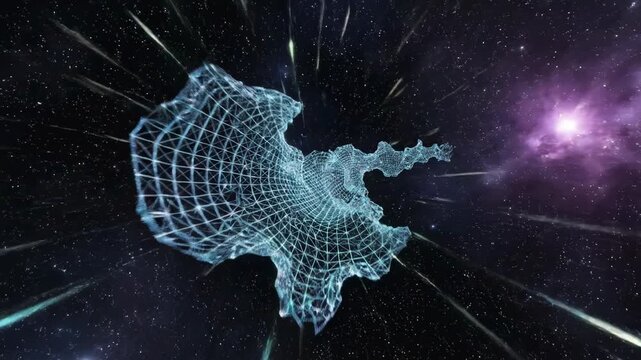 Cinematic animation of a vast three-dimensional geometric mesh structure dynamically reforming and tracing unpredictable, winding, nonlinear paths in space data, system, construction