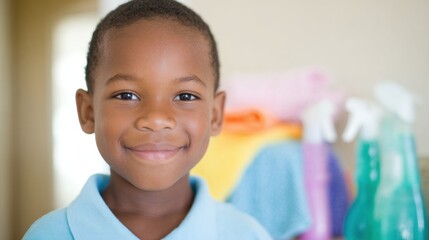 Young child smiles while helping with household cleaning tasks at home