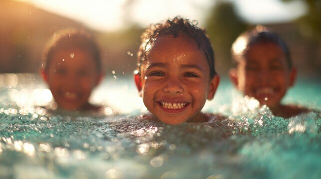 Children swim and smile in clear water during sunny day at poolside - Powered by Adobe