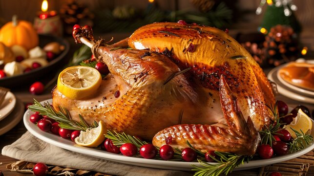 Holiday dinner scene with roasted turkey served with lemon, cranberries and rosemary - Powered by Adobe