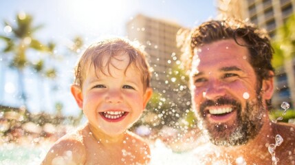 Father and son enjoy time together in pool on sunny day