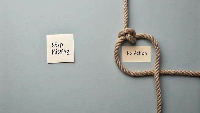 Knot with rope and note showing missing step and no action