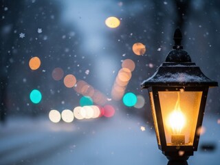 Snowy street lamp glows warmly on a winter evening with blurred lights