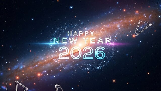 Happy new year 2026 message glowing amidst a vibrant galaxy with sparkling stars and abstract cosmic shapes