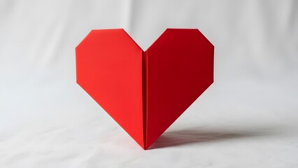 Red origami heart symbol on white fabric background for valentine s day