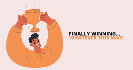 Cartoon vector illustration of man holding a golden trophy above his head, symbolizing victory, achievement, and success