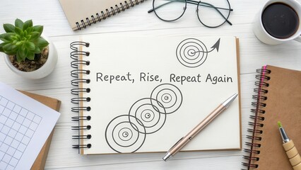 Notebook with a motivational phrase about repeating and rising