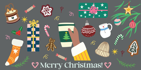 Bright and cheerful Christmas scene with a tree, gifts, drinks, ornaments and candy canes. Fun winter illustration for festive cards, posters, backgrounds, packaging and holiday-themed projects.