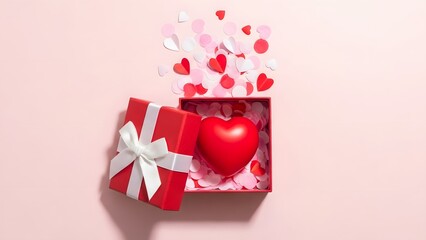 Romantic red gift box overflowing with hearts on a pink background
