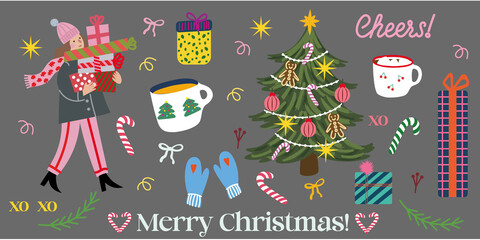 Colorful Christmas composition with a decorated tree, festive drinks, gifts, lights, candy canes and cozy winter details. Ideal for greeting cards, posters, social media graphics and holiday projects.