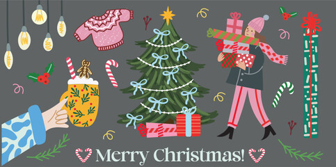 Playful holiday illustration featuring a Christmas tree, gifts, drinks, lights, candy canes and cozy festive elements. Perfect for cards, printable decor, invitations, stickers and seasonal digital pr