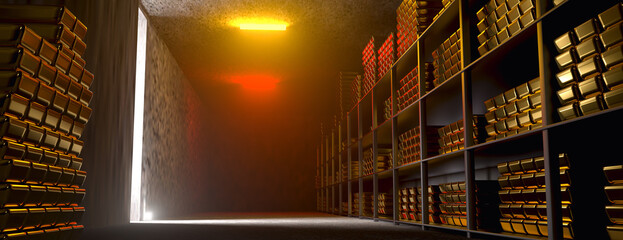 Generic gold reserve vault with stacks of gold bars. Bank vault with gold and cash. 3d rendering