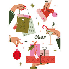 Festive Christmas illustration featuring hands with gifts, ornaments, a Santa hat, and a holiday cocktail. Cheerful winter design perfect for cards, posters, invitations, and seasonal projects.