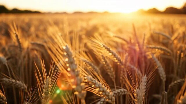 Cinematic slow push shot through a sunlit golden wheat field with shallow focus highlighting individual grain stalks swaying rhythmically in the wind peaceful, swaying rhythmically, rye