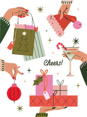 Festive Christmas illustration featuring hands with gifts, ornaments, a Santa hat, and a holiday cocktail. Cheerful winter design perfect for cards, posters, invitations, and seasonal projects.