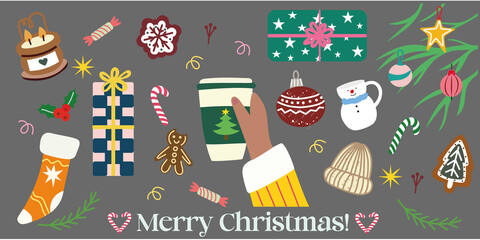 Bright and cheerful Christmas scene with a tree, gifts, drinks, ornaments and candy canes. Fun winter illustration for festive cards, posters, backgrounds, packaging and holiday-themed projects.