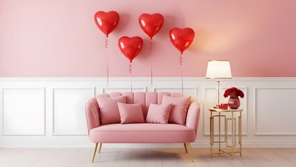 Romantic pink living room with heart balloons for valentine s day