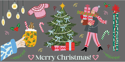 Playful holiday illustration featuring a Christmas tree, gifts, drinks, lights, candy canes and cozy festive elements. Perfect for cards, printable decor, invitations, stickers and seasonal digital pr