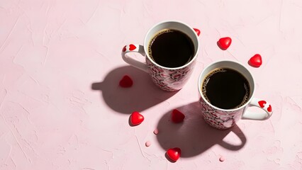 Two mugs of coffee with red hearts on a pink background