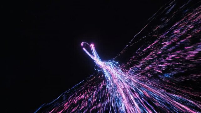 Cinematic visualization of brilliant neon energy particles traveling along an erratic curving nonlinear path through a deep black conceptual void fiction, network, energy