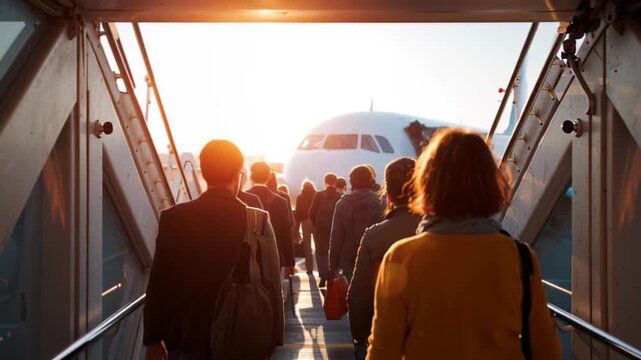 Travelers boarding airplane at sunrise: journey, adventure, and global travel themes