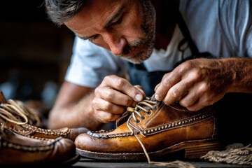 Cobbler Lacing Leather Shoes in Workshop