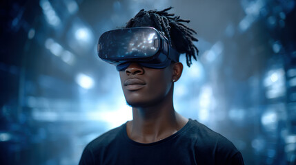 Cheerful young African American man in VR headset playing online game in virtual reality, driving imaginary car in neon light. Black millennial man using car simulator in cyberspace, collage
