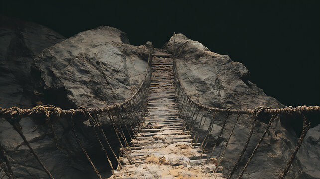 Fototapeta A worn-out rope bridge connecting two cliffs, depicting danger and adventure (2)