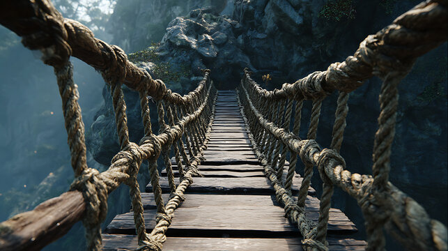 Fototapeta A worn-out rope bridge connecting two cliffs, depicting danger and adventure (1)