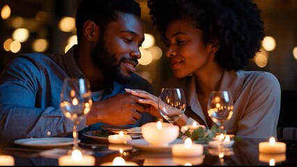 Romantic candlelit dinner for two, happy couple enjoying an intimate evening, celebrating love and connection in warm inviting ambiance - Powered by Adobe