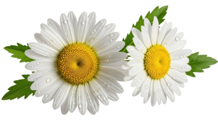 Two white daisies with water drops and green leaves