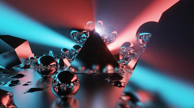 Cinematic wide shot of a desolate surreal landscape comprised of highly polished reflective chrome geometric solids bathed in unnatural shifting red and cyan light conceptual, digital art, surface