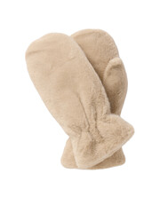 Pair of beige fleece mittens for winter warmth isolated on transparent background