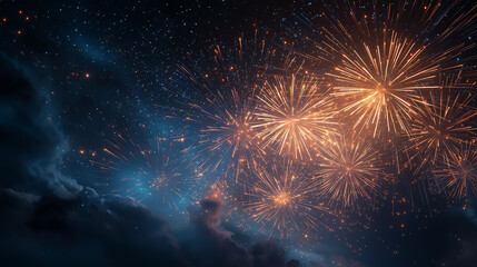 Fototapeta premium Fireworks of Celebration: A dazzling display of golden fireworks bursts against a deep blue sky, painting a vibrant spectacle of joy and festivity. 