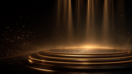 Golden Stage Elegance: A captivating stage, illuminated by ethereal beams of light, evokes a sense of grandeur and anticipation, a perfect backdrop for presenting excellence.