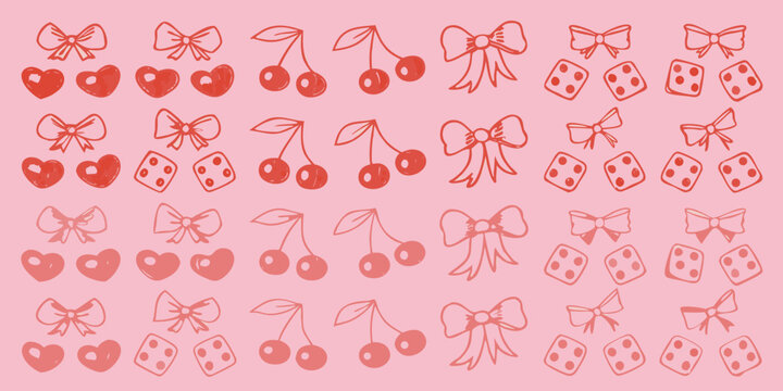 Hand drawn pattern with hearts cherries bows and dice on pink
