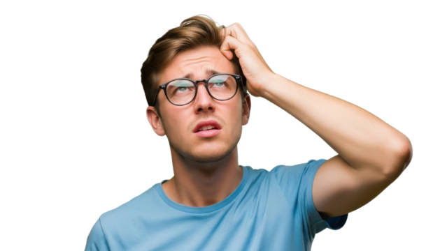 Man scratching head, looking confused and thinking - Powered by Adobe