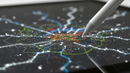 Hand holding a stylus draws intricate colorful lines on a digital tablet screen, illustrating advanced data mapping and network visualization. - Powered by Adobe