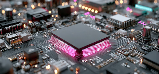 futuristic circuit board cityscape, glowing microchips, gradient background. Generative AI