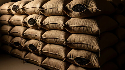 Obraz premium Stacked burlap sacks containing dried tea leaves ready for processing and shipping for global distribution markets and commercial use