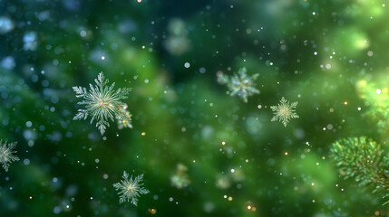 Fototapeta premium Winter's Delicate Dance: A captivating display of intricate snowflakes gently falling amidst a backdrop of evergreen foliage. Evoking the calm and serenity of a peaceful winter's day.