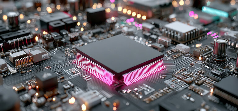 futuristic circuit board cityscape, glowing microchips, gradient background. Generative AI - Powered by Adobe