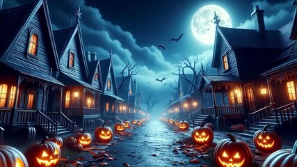 Spooky street lined with jack-o'-lanterns, illuminated houses, and a full moon, bats flying