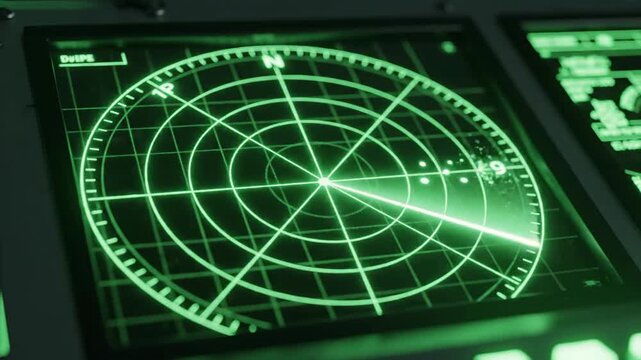 Close-up of a green radar screen with a radial scan and blips