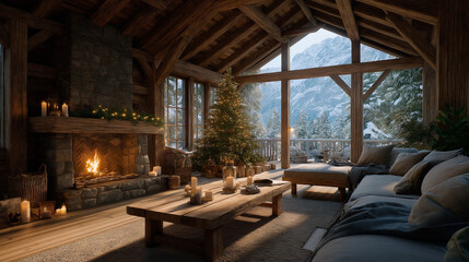 Fototapeta premium Cozy Cabin Retreat: A warm, inviting cabin interior bathed in the soft glow of a crackling fireplace, with a Christmas tree adding festive cheer.