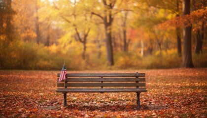 Empty bench with American flag in autumn park